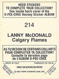 1982-83 O-Pee-Chee Stickers #214 Lanny McDonald Back