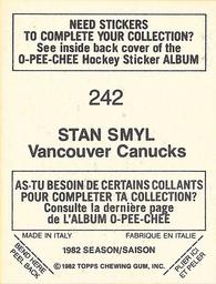 1982-83 O-Pee-Chee Stickers #242 Stan Smyl Back