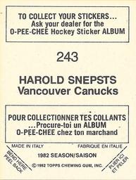 1982-83 O-Pee-Chee Stickers #243 Harold Snepsts Back