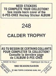 1982-83 O-Pee-Chee Stickers #248 Calder Memorial Trophy Back