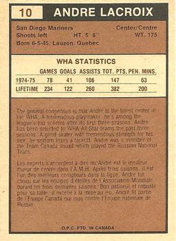 1975-76 O-Pee-Chee WHA #10 Andre Lacroix Back