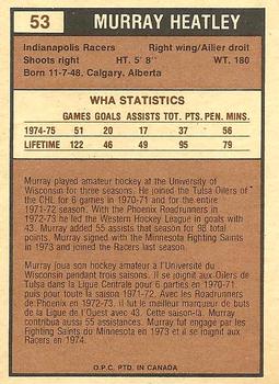 1975-76 O-Pee-Chee WHA #53 Murray Heatley Back