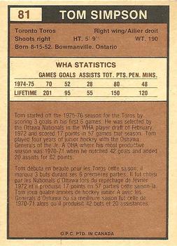 1975-76 O-Pee-Chee WHA #81 Tom Simpson Back