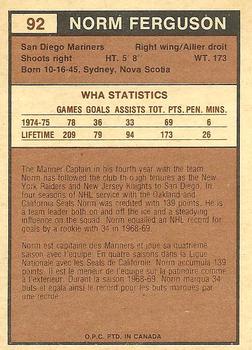1975-76 O-Pee-Chee WHA #92 Norm Ferguson Back