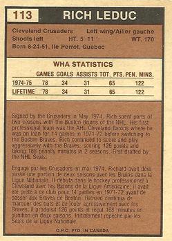 1975-76 O-Pee-Chee WHA #113 Rich Leduc Back