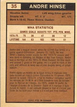 1975-76 O-Pee-Chee WHA #35 Andre Hinse Back