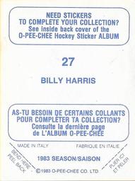1983-84 O-Pee-Chee Stickers #27 Billy Harris  Back
