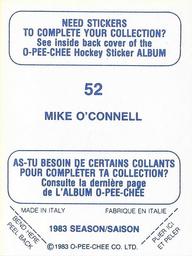 1983-84 O-Pee-Chee Stickers #52 Mike O'Connell  Back