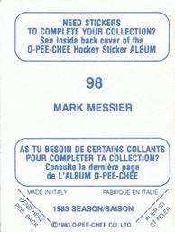 1983-84 O-Pee-Chee Stickers #98 Mark Messier  Back