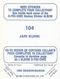 1983-84 O-Pee-Chee Stickers #104 Jari Kurri  Back
