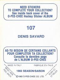 1983-84 O-Pee-Chee Stickers #107 Denis Savard  Back