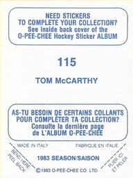 1983-84 O-Pee-Chee Stickers #115 Tom McCarthy  Back