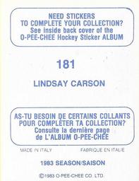 1983-84 O-Pee-Chee Stickers #181 Lindsay Carson  Back