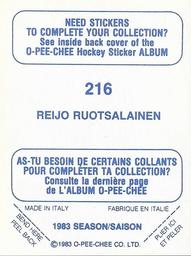 1983-84 O-Pee-Chee Stickers #216 Reijo Ruotsalainen  Back