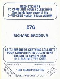 1983-84 O-Pee-Chee Stickers #276 Richard Brodeur  Back