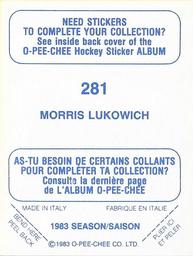1983-84 O-Pee-Chee Stickers #281 Morris Lukowich  Back
