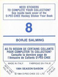 1984-85 O-Pee-Chee Stickers #8 Borje Salming Back
