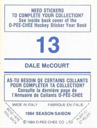 1984-85 O-Pee-Chee Stickers #13 Dale McCourt Back