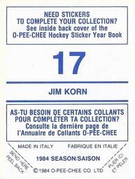 1984-85 O-Pee-Chee Stickers #17 Jim Korn Back