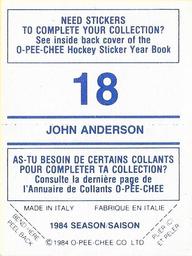 1984-85 O-Pee-Chee Stickers #18 John Anderson Back