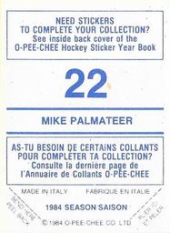 1984-85 O-Pee-Chee Stickers #22 Mike Palmateer Back