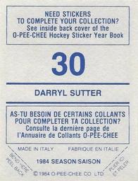 1984-85 O-Pee-Chee Stickers #30 Darryl Sutter Back