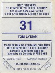 1984-85 O-Pee-Chee Stickers #31 Tom Lysiak Back
