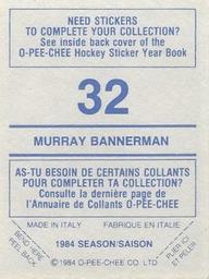 1984-85 O-Pee-Chee Stickers #32 Murray Bannerman Back