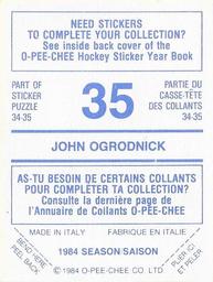 1984-85 O-Pee-Chee Stickers #35 John Ogrodnick Back