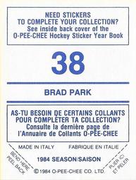 1984-85 O-Pee-Chee Stickers #38 Brad Park Back