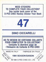 1984-85 O-Pee-Chee Stickers #47 Dino Ciccarelli Back