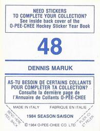 1984-85 O-Pee-Chee Stickers #48 Dennis Maruk Back
