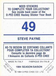1984-85 O-Pee-Chee Stickers #49 Steve Payne Back
