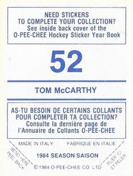 1984-85 O-Pee-Chee Stickers #52 Tom McCarthy Back