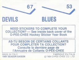1984-85 O-Pee-Chee Stickers #53 / 67 Blues Logo / Devils Logo Back