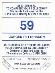 1984-85 O-Pee-Chee Stickers #59 Jorgen Pettersson Back