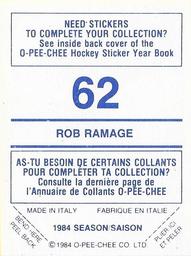 1984-85 O-Pee-Chee Stickers #62 Rob Ramage Back