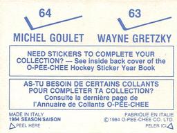 1984-85 O-Pee-Chee Stickers #63 / 64 Wayne Gretzky / Michel Goulet Back