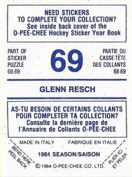 1984-85 O-Pee-Chee Stickers #69 Glenn Resch Back