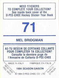 1984-85 O-Pee-Chee Stickers #71 Mel Bridgman Back
