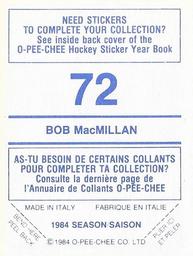 1984-85 O-Pee-Chee Stickers #72 Bob MacMillan Back