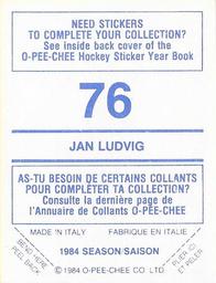 1984-85 O-Pee-Chee Stickers #76 Jan Ludvig Back