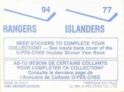 1984-85 O-Pee-Chee Stickers #77 / 94 Islanders Logo / Rangers Logo Back