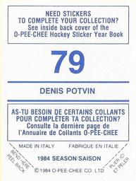 1984-85 O-Pee-Chee Stickers #79 Denis Potvin Back