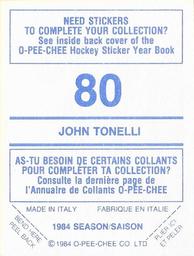 1984-85 O-Pee-Chee Stickers #80 John Tonelli Back