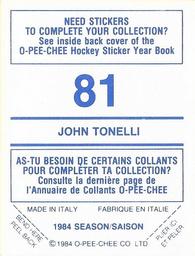 1984-85 O-Pee-Chee Stickers #81 John Tonelli Back