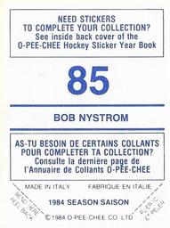 1984-85 O-Pee-Chee Stickers #85 Bob Nystrom Back