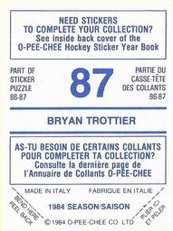 1984-85 O-Pee-Chee Stickers #87 Bryan Trottier Back