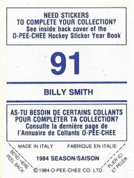 1984-85 O-Pee-Chee Stickers #91 Billy Smith Back