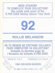 1984-85 O-Pee-Chee Stickers #92 Rollie Melanson Back